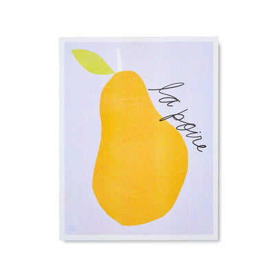 purple and yellow pear with french wording