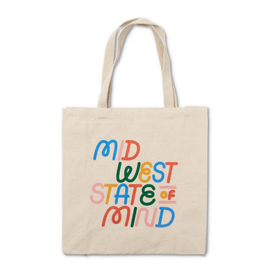 natural canvas tote with colorful midwest state of mind hand lettering