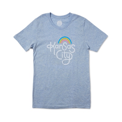 light blue tshirt with kansas city hand lettering and rainbow