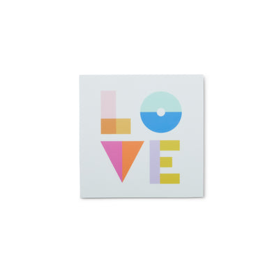 white square sticker with colorblock love lettering