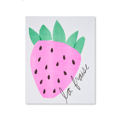 bright pink and green strawberry with french wording