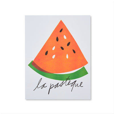 bright red and green watermelon with french wording
