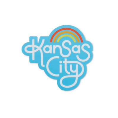 turquoise die cut sticker with Kansas City hand lettering and rainbow
