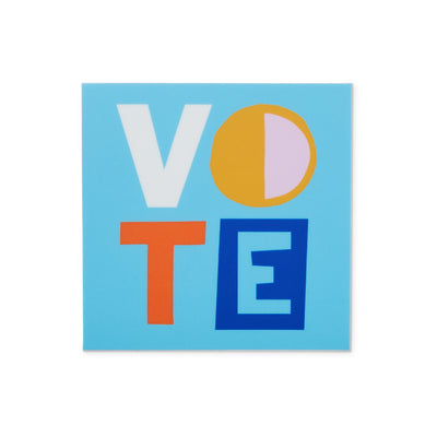 turquoise square sticker with colorful lettering reads Vote