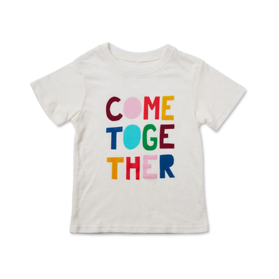 multi color Come Together lettering on tee