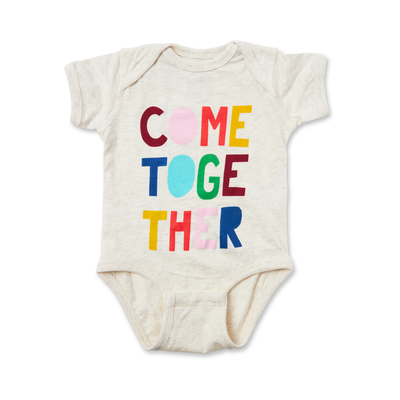 oatmeal onesie with colorful come together hand lettering