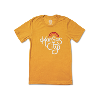 mustard tshirt with kansas city hand lettering and rainbow