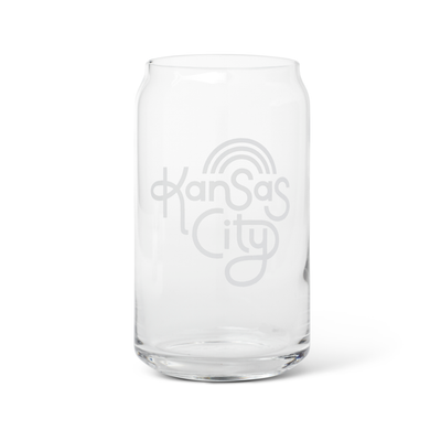 beer can glass with white kansas city hand lettering