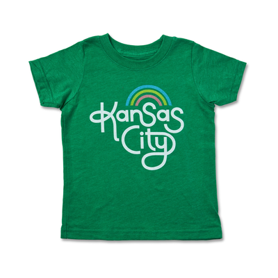 green tshirt with kansas city hand lettering and rainbow