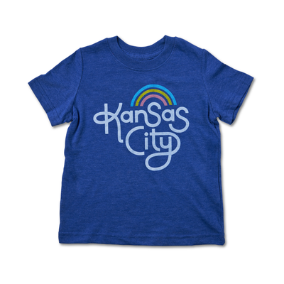 navy kids tee with kansas city hand lettering and rainbow