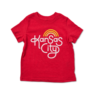 red kids tee with kansas city hand lettering and rainbow