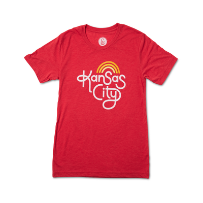 red tshirt with kansas city hand lettering and rainbow