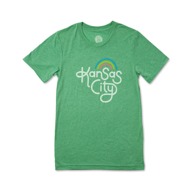 green tshirt with Kansas City lettering and rainbow