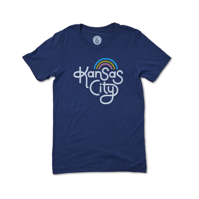navy tshirt with kansas city hand lettering and rainbow