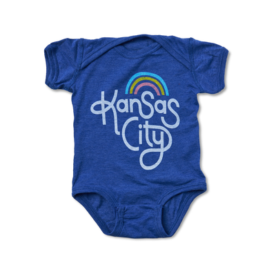 navy onesie with kansas city hand lettering and rainbow