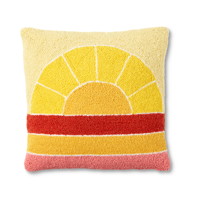 hook pillow with yellow sunset and red yellow and pink stripes